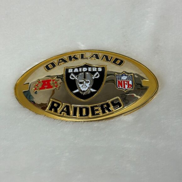 Oakland Raiders Football Shaped Metal Plate Plaque 2.75x4.75" Gold Toned For DIY - Picture 2 of 10